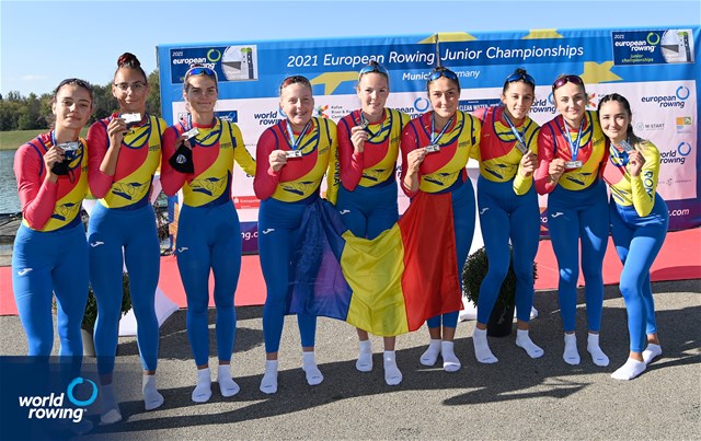 Elena Silvia Mocanu (b), Elena-Andreea Cerbu, Ana-Maria Loghin, Florentina-Georgiana Neculaeasa, Petruta-Ionela Popa, Alexandra-Georgiana Ruscuta, Valentina Amalia Azoitei, Mariana-Laura Dumitru (s), Victoria-Stefania Petreanu (c), Women's Eight, Romania, 2021 European Rowing Junior Championships, Munich, Germany / Detlev Seyb/MyRowingPhoto.com