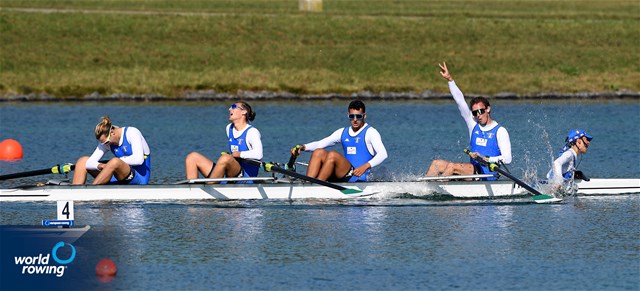 Emilio Pappalettera (b), Simone Pappalepore, Luca Vicino, Marco Vicino (s), Andrea Pagliaro (c), Men's Coxed Four, Italy, 2021 European Rowing Junior Championships, Munich, Germany / Detlev Seyb/MyRowingPhoto.com