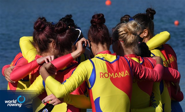 Elena Silvia Mocanu (b), Elena-Andreea Cerbu, Ana-Maria Loghin, Florentina-Georgiana Neculaeasa, Petruta-Ionela Popa, Alexandra-Georgiana Ruscuta, Valentina Amalia Azoitei, Mariana-Laura Dumitru (s), Victoria-Stefania Petreanu (c), Women's Eight, Romania, 2021 European Rowing Junior Championships, Munich, Germany / Detlev Seyb/MyRowingPhoto.com