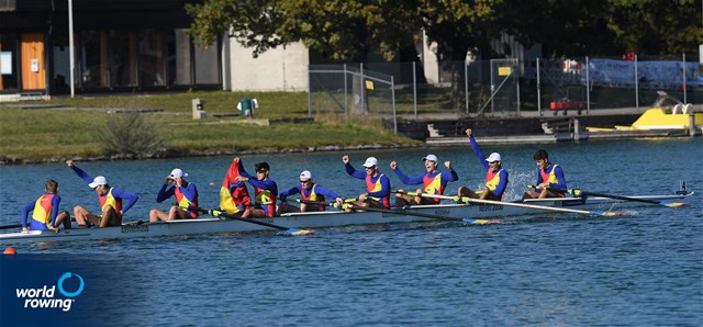 Cosmin Iulian Plesescu (b), Eduard Angel Moldovan, Andrei Hemen, Cornel-Traian Ieremciuc, Andrei-Vlad-Robert Vatamaniuc, Alexandru-Gabriel Stetco, Constantin Emanuele Sterea, Marian Stefan Dunca (s), Gavril Dumbrava (c), Men's Eight, Romania, 2021 European Rowing Junior Championships, Munich, Germany / Detlev Seyb/MyRowingPhoto.com