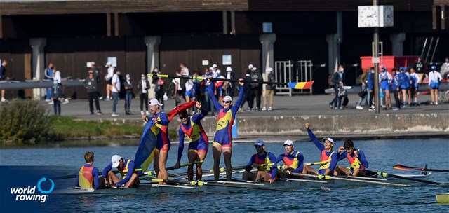 Cosmin Iulian Plesescu (b), Eduard Angel Moldovan, Andrei Hemen, Cornel-Traian Ieremciuc, Andrei-Vlad-Robert Vatamaniuc, Alexandru-Gabriel Stetco, Constantin Emanuele Sterea, Marian Stefan Dunca (s), Gavril Dumbrava (c), Men's Eight, Romania, 2021 European Rowing Junior Championships, Munich, Germany / Detlev Seyb/MyRowingPhoto.com
