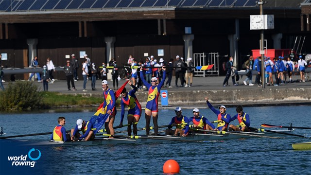 Cosmin Iulian Plesescu (b), Eduard Angel Moldovan, Andrei Hemen, Cornel-Traian Ieremciuc, Andrei-Vlad-Robert Vatamaniuc, Alexandru-Gabriel Stetco, Constantin Emanuele Sterea, Marian Stefan Dunca (s), Gavril Dumbrava (c), Men's Eight, Romania, 2021 European Rowing Junior Championships, Munich, Germany / Detlev Seyb/MyRowingPhoto.com