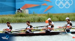 Bastian Seibt (b), Lars Wichert, Jochen Kuehner and Martin Kuehner (s) of Germany racing in the B Final of the lightweight men's four at the 2012 Olympic Rowing Regatta at Eton-Dorney near London, Great Britain.