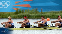 Andrew Triggs Hodge (s), Tom James, Peter Reed and Alex Gregory (b) racing in the semifinal of the men's four at the 2012 Olympic Rowing Regatta at Eton-Dorney near London, Great Britain.