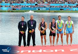 Romano Battisti (l) and Alessio Sartori of Italy, Nathan Cohen and Joseph Sullivan of New Zealand and Luka Spik and Iztok Cop of Slovenia on the podium for the men's double sculls at the 2012 Olympic Rowing Regatta at Eton-Dorney near London, Great Britain.