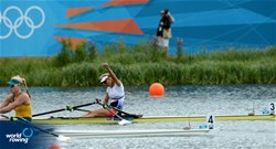 Mirka Knpakova celebrates winning her semifinal of the women's single sculls at the 2012 Olympic Rowing Regatta at Eton-Dorney near London, Great Britain.