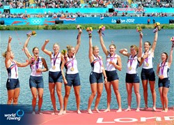 Erin Cafaro (l), Zsuzsanna Francia, Esther Logren, Taylor Ritzel, Meghan Musnicki, Eleanor Logan, Caoline Lind, Caryn Davies and Mary Whipple (r) of the United States of America celebrate winning Olympic gold in the women's eight at the 2012 Olympic Rowing Regatta at Eton-Dorney near London, Great Britain.