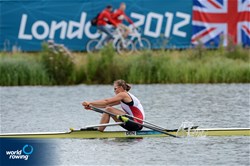 Fie Udby Erichsen of Denmark racing to the line in the semifinals of the women's single sculls at the 2012 Olympic Rowing Regatta at Eton-Dorney near London, Great Britain.