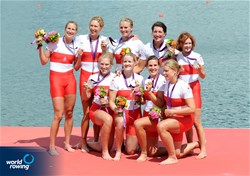 Janine Hanson, Rachelle Viinberg, Krista Guloien, Lauren Wilkinson, Natalie Mastraaci, Ashley Brzozowicz, Darcy Marquadt, Andreanne Morin and Lesley Thompson-Willie of Canada celebrate silver in the women's eight at the 2012 Olympic Rowing Regatta at Eton-Dorney near London, Great Britain.