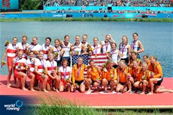 The United States of America (gold), Canada (silver) and the Netherland (bronze) pose for the photo after the medal ceremony of the women's eight at the 2012 Olympic Rowing Regatta at Eton-Dorney near London, Great Britain.