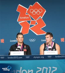 Nathan Cohen (l) and Joseph Sullivan (r) of New Zealand speaking a press conference after winning Olympic gold in the men's double sculls at the 2012 Olympic Rowing Regatta at Eton-Dorney near London, Great Britain.