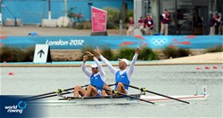 Alessio Sartori (b) and Romano Battisti (s) of Italy celebrate winning silver in the men's double sculls at the 2012 Olympic Rowing Regatta at Eton-Dorney near London, Great Britain.