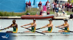 James Thompson (b), Matthew Brittain, John Smith and Sizwe Ndlovu (s) of South Africa racing ot the line to win Olympic gold in the lightweight men's four at the 2012 Olympic Rowing Regatta at Eton-Dorney near London, Great Britain.