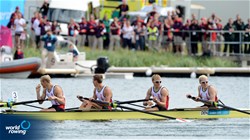 Kasper Winther (b), Morten Jorgensen, Jacob Barscoe and Eskild Ebbesen (s) of Denmark cross the line to win bronze in the final of the lightweight men's four at the 2012 Olympic Rowing Regatta at Eton-Dorney near London, Great Britain.