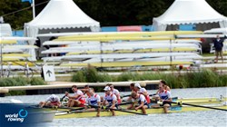 Peter Chambers (b), Rob Williams, Richard Chambers, and Chris Bartley (s) of Great Britain collapse exhausted in the boat after winning silver in the lightweight men's four at the 2012 Olympic Rowing Regatta at Eton-Dorney near London, Great Britain.