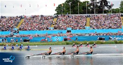 New Zealand's John Storey (b), Michael Arms, Matthew Trott and Robert Manson (s) race in the men's quadruple sculls Final B at the 2012 Olympic Rowing Regatta at Eton-Dorney near London, Great Britain.
