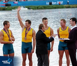 Christopher Morgan (l), Karsten Forsterling, James McRae and Daniel Noonan (r) of Australia on the podium for the men's quadruple sculls at the 2012 Olympic Rowing Regatta at Eton-Dorney near London, Great Britain.