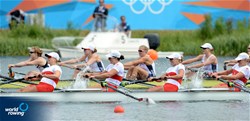 Canada race the United State of America to the line in the final of the women's eight at the 2012 Olympic Rowing Regatta at Eton-Dorney near London, Great Britain.