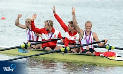 Kasper Winther (b), Morten Jorgensen, Jacob Barscoe and Eskild Ebbesen (s) of Denmark celebrate winning bronze in the final of the lightweight men's four at the 2012 Olympic Rowing Regatta at Eton-Dorney near London, Great Britain.