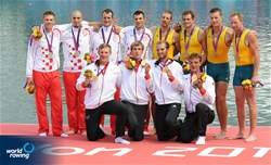Croatia's David Sain, Martin Sinkovic, Damir Martin and Valent Sinkovic (silver), Australia's Christopher Morgan, Karsten Forsterling, James McRae and Daniel Noonan (bronze) and Germany's Karl Schulze, Philipp Wende, Lauritz Schoof and Tim Grohmann (in front, gold) pose for the photo after the men's quadruple sculls medal ceremony at the 2012 Olympic Rowing Regatta at Eton-Dorney near London, Great Britain.