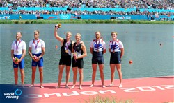 Germain Chardin (l) and Dorian Mortelette of France, Eric Murray and Hamish Bond of New Zealand and William Satch and George Nash (r) of Great Britain on the podium for the men's pair at the 2012 Olympic Rowing Regatta at Eton-Dorney near London, Great Britain.