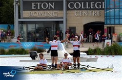 Karl Schulze (b), Phillipp Wende, Lauritz Schoof and Tim Grohmann (s) of Germany celebrate winning gold in the men's quadruple sculls Final A at the 2012 Olympic Rowing Regatta at Eton-Dorney near London, Great Britain.