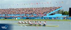Alex Gregory (b), Pete Reed, Tom James and Andrew Triggs Hodge (s) of Great Britain race in the men's four Final A at the 2012 Olympic Rowing Regatta at Eton-Dorney near London, Great Britain.