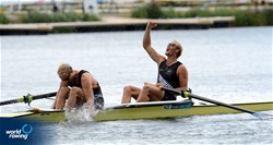 New Zealand's Eric Murray (b) and Hamish Bond (s) celebrate as they cross the line first in the men's pair Final A at the 2012 Olympic Rowing Regatta at Eton-Dorney near London, Great Britain.