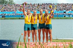 Joshua Dunkley Smith (l), William Lockwood, Drew Ginn and James Chapman (r) of Australia celebrate winning silver in the men's four at the 2012 Olympic Rowing Regatta at Eton-Dorney near London, Great Britain.