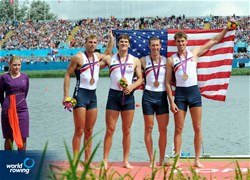 Glenn Ochal, Henrik Rummel, Charles Cole and Scott Gault of the United States of America celebrate winning bronze in the men's four at the 2012 Olympic Rowing Regatta at Eton-Dorney near London, Great Britain.