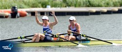 Anna Watkins (b) and Katherine Grainger (s) of Great Britain celebrate winning gold at the 2012 Olympic Rowing Regatta at Eton-Dorney near London, Great Britain.