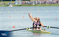 Hamish Bond (s) and Eric Murray (b) of New Zealand celebrate winning gold in the men's pair at the 2012 Olympic Rowing Regatta at Eton-Dorney near London, Great Britain.