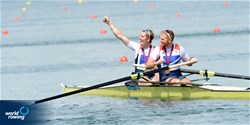 George Nash (b) and William Satch (s) of Great Britain celebrate winning bronze in the men's pair at the 2012 Olympic Rowing Regatta at Eton-Dorney near London, Great Britain.