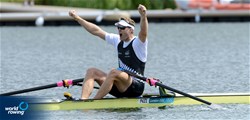 Mahe Drysdale of New Zealand celebrates winning the Final A of the men's single sculls at the 2012 Olympic Rowing Regatta at Eton-Dorney near London, Great Britain.