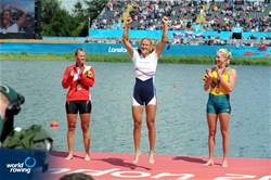 Fie Udby Erichsen of Denmark, Mirka Knapkova of Czech Republic and Kim Crow of Australia celebrate winning medals in the women's single sculls at the 2012 Olympic Rowing Regatta at Eton-Dorney near London, Great Britain.