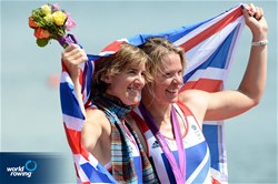 Katherine Grainger (r) and Anna Watkins (l) of Great Britain celebrate winning gold in the women's double sculls at the 2012 Olympic Rowing Regatta at Eton-Dorney near London, Great Britain.