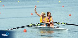 Silver medalists Kim Crow (b) and Brooke Pratley (s) of Australia celebrate after the medal ceremony of the women's double sculls at the 2012 Olympic Rowing Regatta at Eton-Dorney near London, Great Britain.
