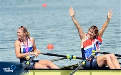Anna Watkins (b) and Katherine Grainger (s) of Great Britain celebrate winning gold at the 2012 Olympic Rowing Regatta at Eton-Dorney near London, Great Britain.