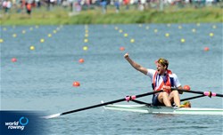 Alan Campbell of Great Britain celebrates winning bronze in the men's single sculls at the 2012 Olympic Rowing Regatta at Eton-Dorney near London, Great Britain.
