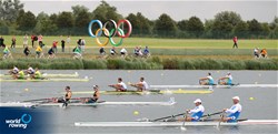 Great Britain, Lithuania, Slovenia, Argentina, New Zealand and Italy compete in the Final A of the men's double sculls at the 2012 Olympic Rowing Regatta at Eton-Dorney near London, Great Britain.