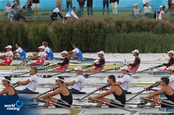 Italy, Switzerland Russia, France and New Zealand in shot racing in the B Final of the men's quadruple sculls at the 2012 Olympic Rowing Regatta at Eton-Dorney near London, Great Britain.