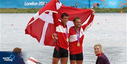 Mads Rasmussen (b) and Rasmus Quist (s) of Denmark celebrate winning gold in the lightweight men's double sculls at the 2012 Olympic Rowing Regatta at Eton-Dorney near London, Great Britain.