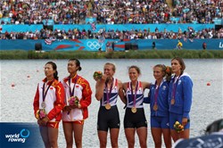 Dongxiang Xu (l) and Wenyi Huang of China, an emotional Katherine Copeland and Sophie Hosking of Great Britain and Christina Giazitzidou and Alexandra Tsiavou (r) of Greece on the podium of the lightweight women's double sculls at the 2012 Olympic Rowing Regatta at Eton-Dorney near London, Great Britain.