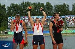 Silver medallist Ondej Synek (L), Olympic champion Olaf Tufte and bronze medallist Mahe Drysdale (R) at the 2008 Olympic games in Beijing, China.