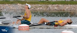 The Australian Men's Pairs with Drew Ginn (b) and Duncan Free (s) after finishing first in the Final A at the 2008 Olympic Games in Beijing, China.