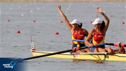 Georgeta Andrunache-Damian and Viorica Susanu celebrate their gold medal in the Women's Pairs at the 2008 Olympic Games in Beijing, China.