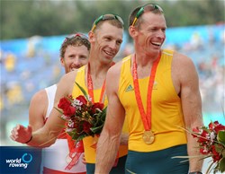 Drew Ginn and Duncan Free from Australia celebrate their gold medal in the Men's Pairs at the 2008 Olympic Games in Beijing, China.