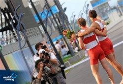 Dave Calder and Scott Frandsen from Canada in front of the photographers after winning silver in the Men's Pairs at the 2008 Olympic Games in Beijing, China.