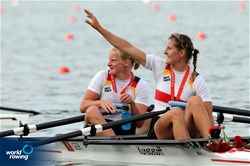 Anne Katrin Thiele (b) and Christiane Huth (s) after winning silver in the Women's Double Sculls at the 2008 Olympic Games in Beijing, China.