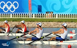 The British Lightwieght Men's Double Sculls with Zac Purchase (b) and Mark Hunter (s) on their way to win their semifinal at the 2008 Olympic games in Beijing, China.